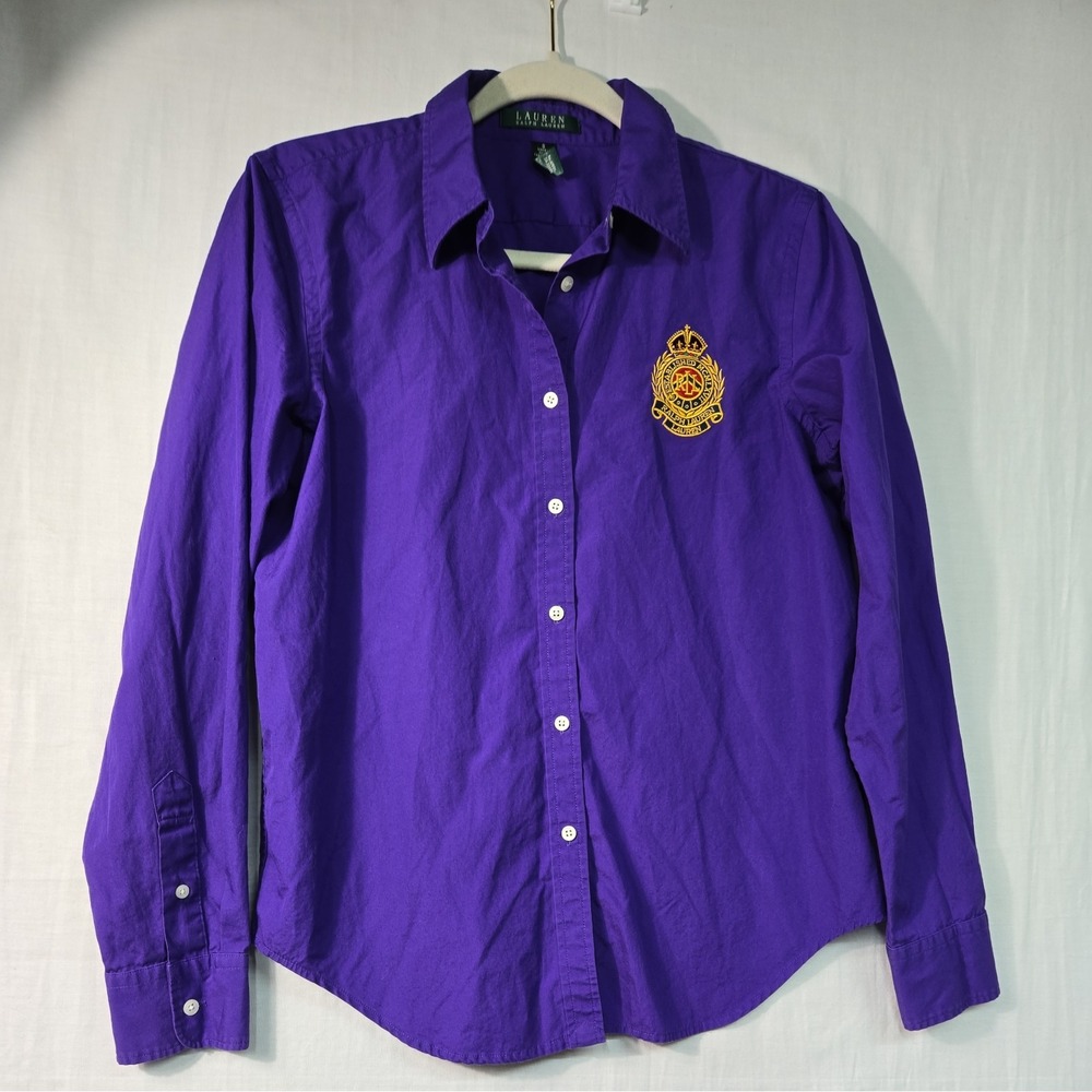 LAUREN Ralph Women's S Crest Button Up Top Purple 100% Cotton Large Logo Blouse